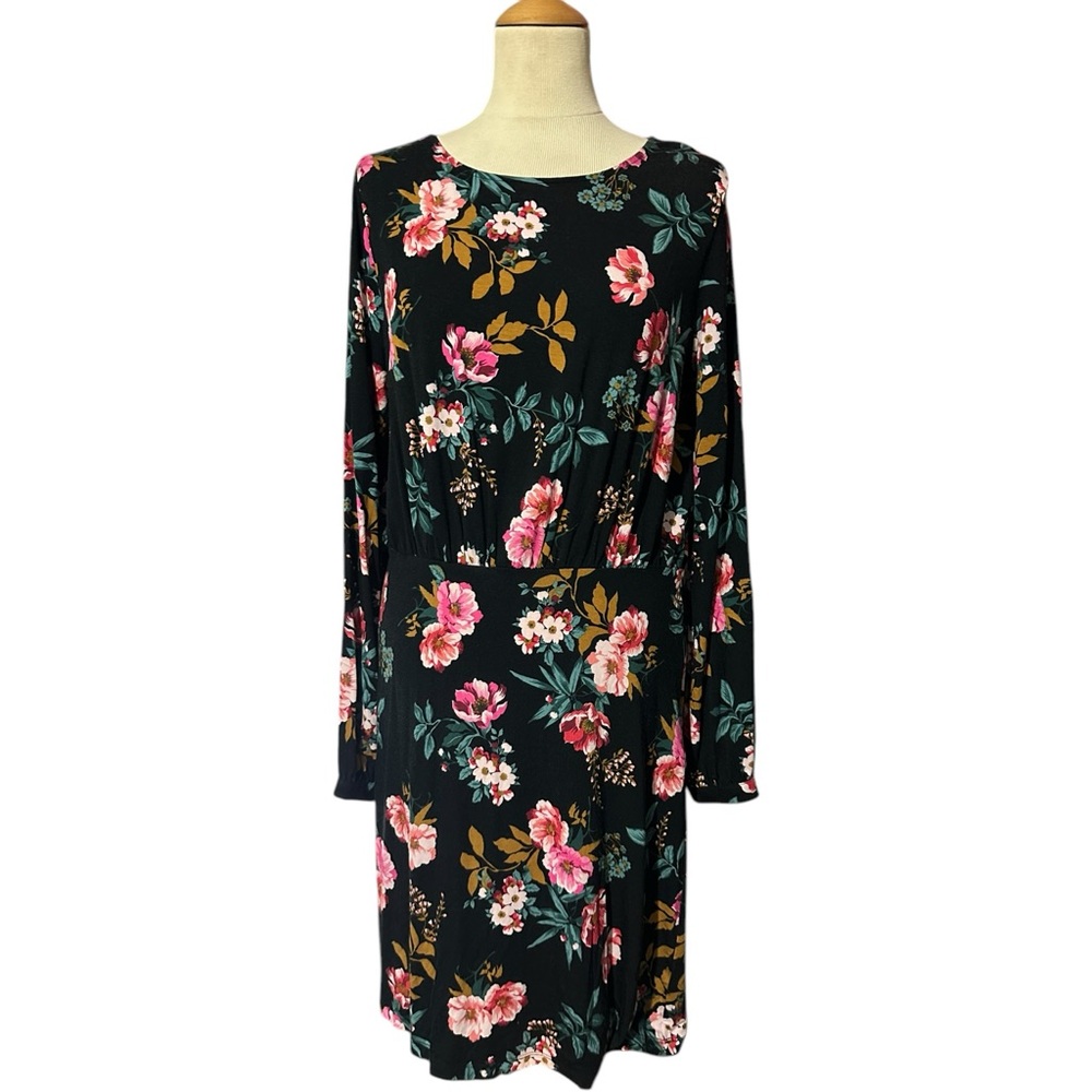 Loft Black Floral Cut Out Back Longsleeve Dress Size 6